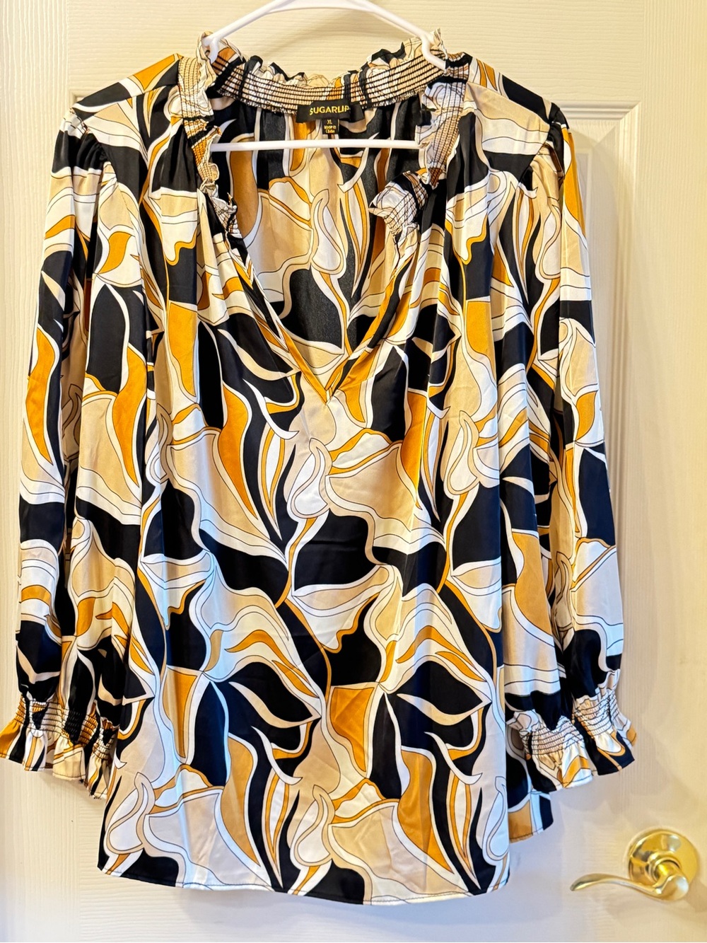 Sugarlips Mustard Black Cream Abstract Floral V-Neck Blouse